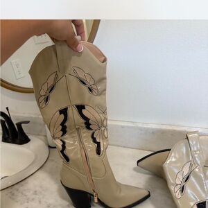 REVOLVE Beige Embroidered Heeled Boots